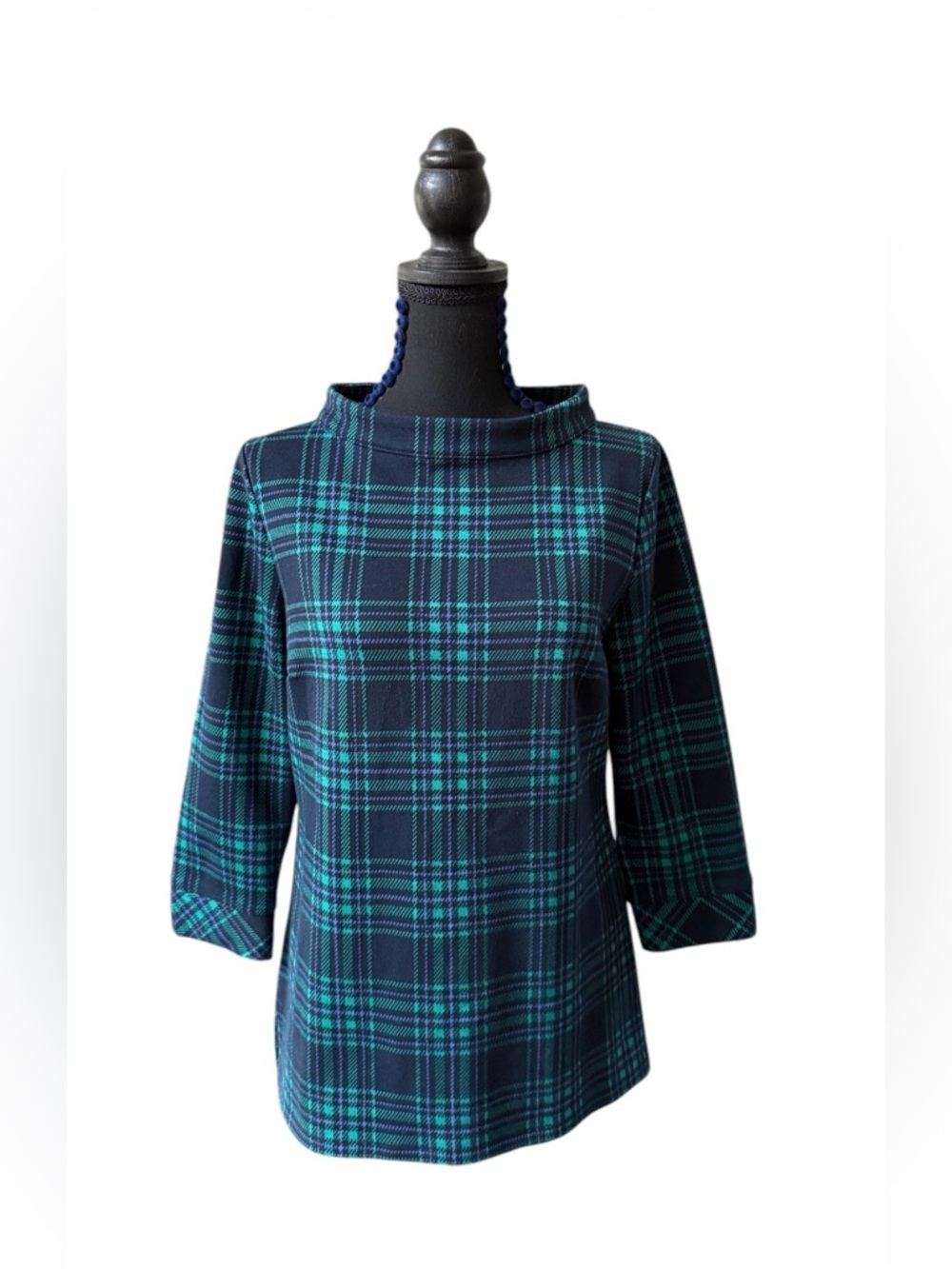 Talbots Navy Blue & Teal Plaid Boatneck Tunic